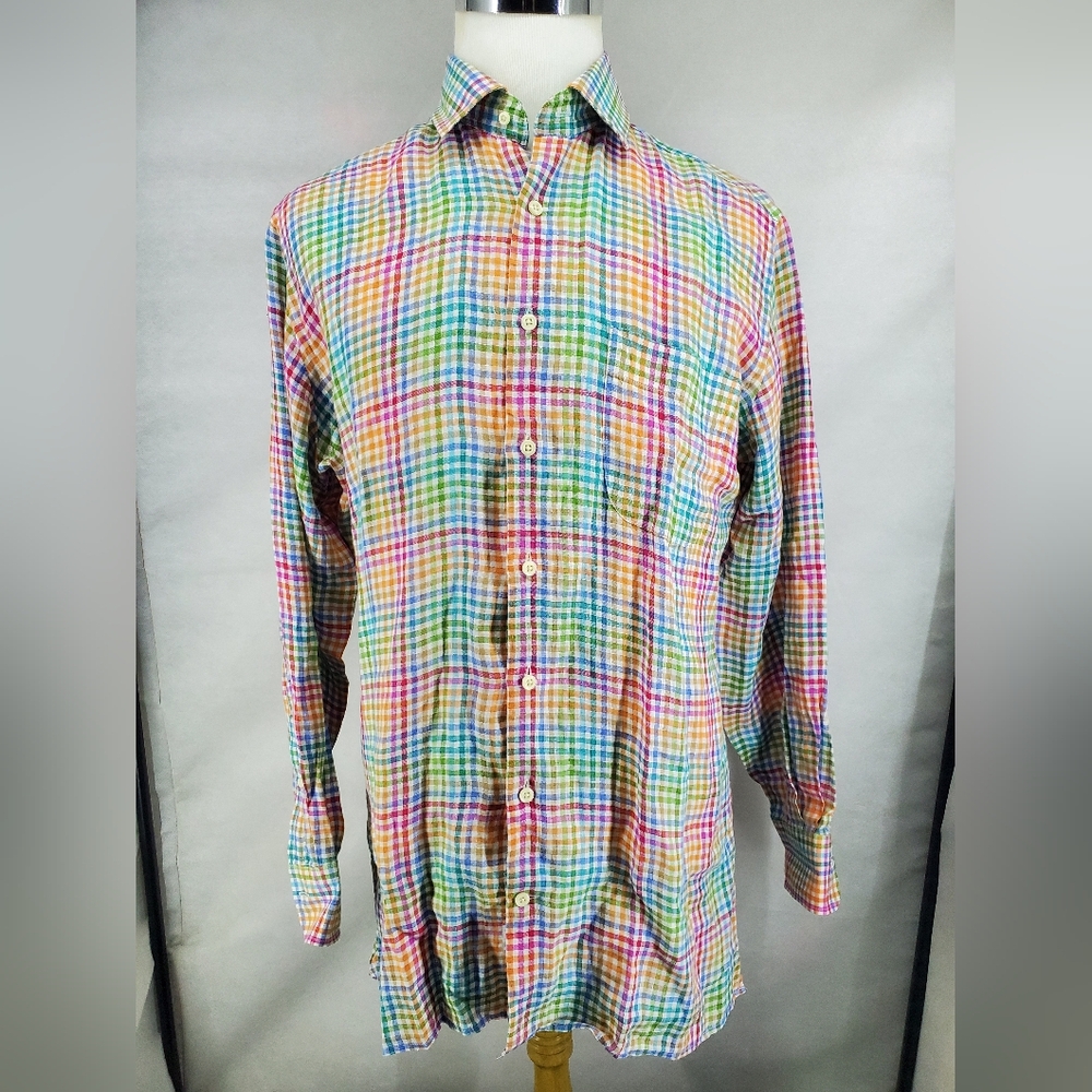 Peter Millar Men’s 100% LINEN Gingham Plaid Button Down Shirt Size Medium